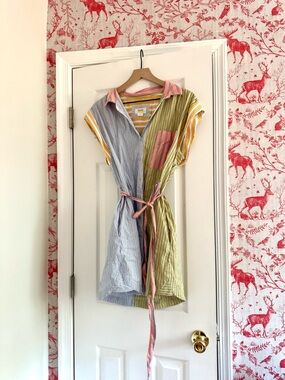 Maeve Anthropologie Preppy Striped Mini Dress in Blue, Green, Pink & Yellow